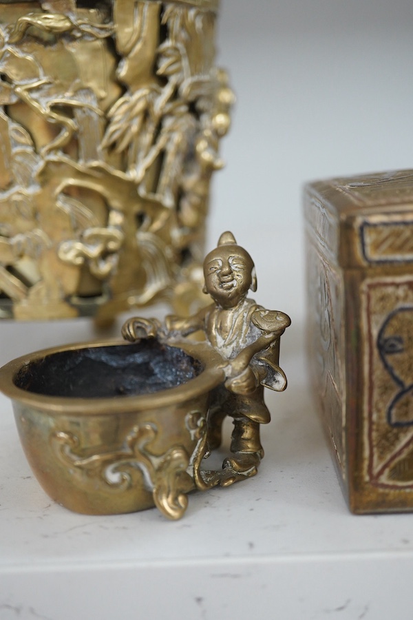 A pair of inscribed Chinese polished bronze reticulated censers, liners and covers, late 19th century, 20cm high together with a Cairo ware box, Condition - fair to good.